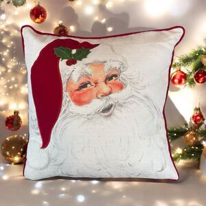 Santa Claus Feather Decorative Throw Pillow 20"x20" Red Velvet Embroidered Holly